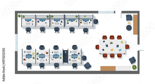 A top-down illustration shows an open-plan office floor with cubicle workstations, a conference room, and a lounge area.