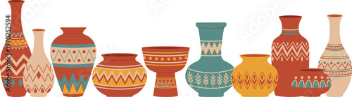 Collection of Ancient Ceramic Pottery Vases and Clay Jars with Ethnic Tribal Ornaments Isolated on White Background for Archaeological History Museum and Handcrafted Home Decor Design