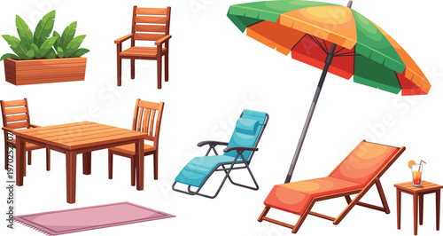 Modern Patio and Poolside Furniture Collection Vector Illustration Set Featuring a Large Beach Umbrella Sun Loungers Wooden Dining Table with Chairs and Outdoor Decor Isolated on White Background