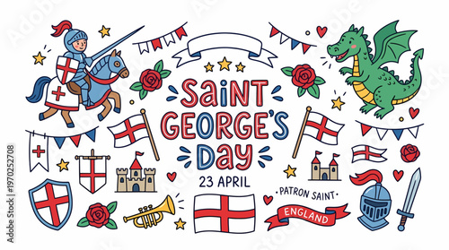 Saint George's Day Doodle Art - Knight, Dragon, England Flag