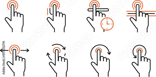 Touch screen finger gesture icons set including tap double click long press scroll drag rotate and swipe vector line illustrations.