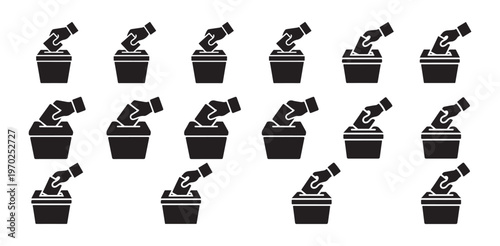 Voting hand putting paper into ballot box flat vector icons set for election polling concept