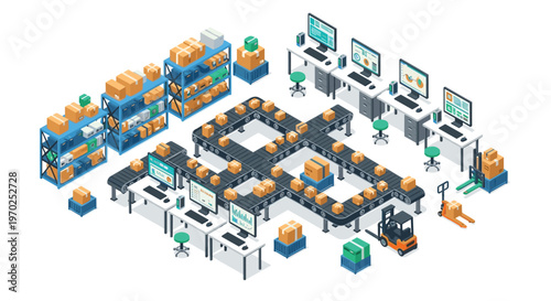 An isometric illustration depicts a warehouse with conveyor belts forming a dollar sign, stocked shelves, computer workstations, and forklifts.