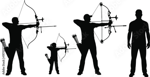 Archery family sports silhouette collection featuring professional archers using recurve and compound bows with arrows for target practice competition and outdoor athletic leisure hobby