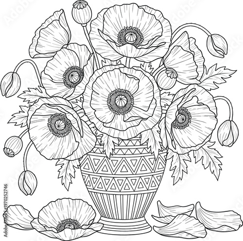 Vintage Hand Drawn Poppy Flower Bouquet in Decorative Vase Coloring Page Vector Illustration Featuring Detailed Petals Buds and Leaves for Spring Botanical Garden and Floral Art Therapy