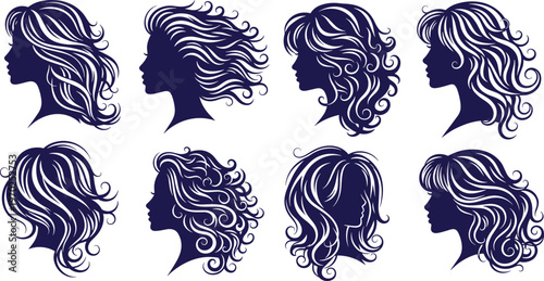 Beautiful woman profile silhouette set with various long wavy and curly hair styles for hair salon beauty parlor fashion and feminine logo design isolated on white background