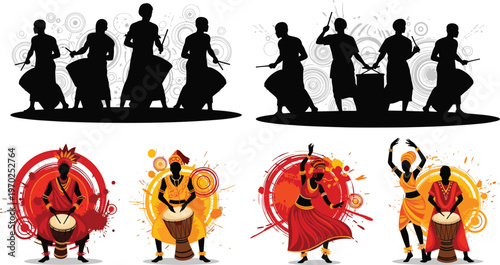 African ethnic tribal musicians and dancers silhouettes set with traditional djembe drums and vibrant decorative patterns for cultural celebration and music festival design projects