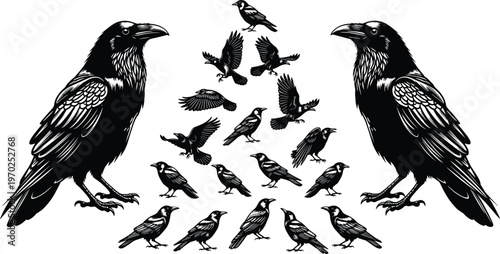 Detailed black and white engraving of two large ravens framing a central flock of small crows and magpies in a symmetrical gothic composition