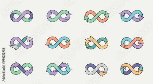 Continuous process infinity arrow symbols set, endless loop concept