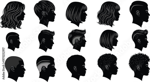 Large collection of diverse male and female profile silhouettes featuring various modern hairstyles and haircuts for barbershop beauty salon fashion grooming and personal identity design