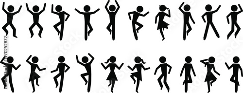 Large collection of diverse stick figure silhouettes performing various dancing moves and happy poses for party celebration and social event isolated on white background