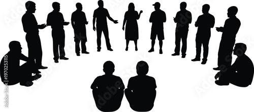 Large group of diverse people silhouettes standing and sitting in a semi circle for community meeting discussion support group or social gathering isolated on white background