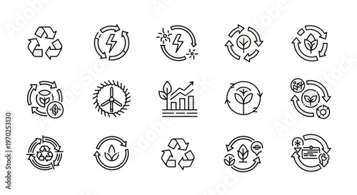 Eco-Friendly Line Icons Set: Sustainable Energy, Recycling, and Green Technology Symbols