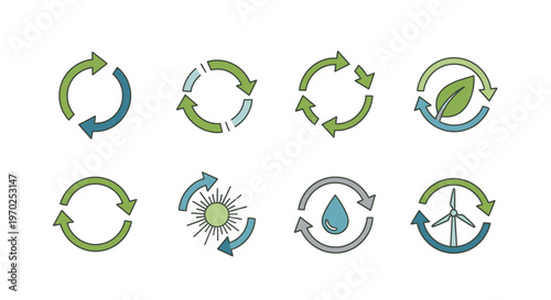 Eco-friendly recycling and renewable energy icons set: sustainable environment concept