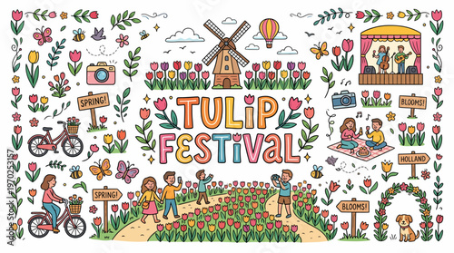 Tulip Festival Doodle Art: Spring Celebration with Dutch Elements