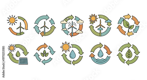 Eco-Friendly Renewable Energy and Recycling Icons Set