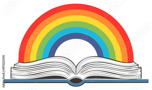 Open Book With Rainbow Arching Above Symbolizing Education Knowledge and Imagination
