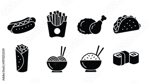 A collection of fast food items including hot dogs tacos sushi and fried chicken in a stark silhouette high quality professional