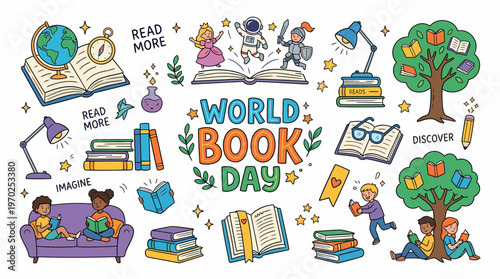World Book Day Illustration: Kids Reading, Books, Learning & Imagination