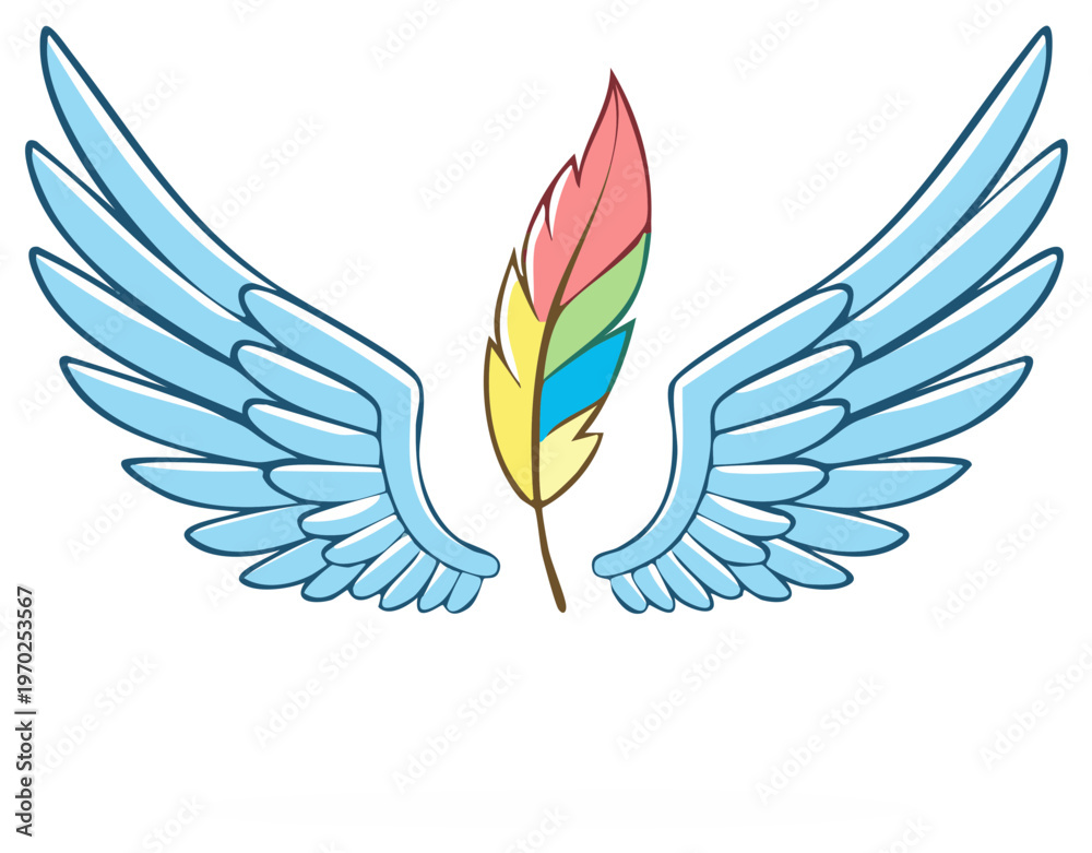 Fototapeta premium Whimsical cartoon wings and vibrant multicolored feather illustration flying concept