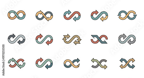 Infinity loop arrows icon set for continuous cycle, perpetual motion, and endless process concepts
