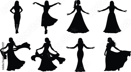 Set of professional female silhouettes wearing elegant evening gowns and summer dresses for fashion design party celebration red carpet events and graceful movement performance