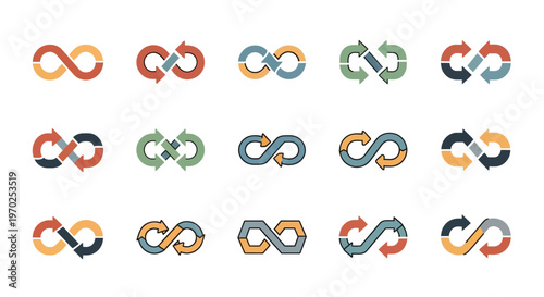 Infinity Loop Arrows Icons Set: Continuous Cycle and Repetition Symbols