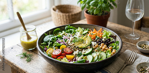 Title: A vibrant and nutritious multi-ingredient mixed salad with chickpeas and feta on a rustic wooden table.