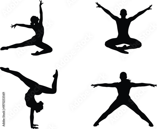 Set of professional gymnast silhouettes performing acrobatic stunts and rhythmic gymnastics movements for sports fitness
