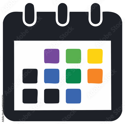 Icon illustration of a calendar with colorful squares marking days, planning and schedule app interface, schedule graphic resource