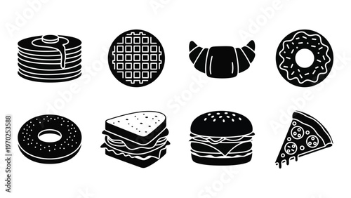 A collection of various breakfast lunch and dessert items depicted as bold black silhouettes high quality professional detailed modern elegant stylish
