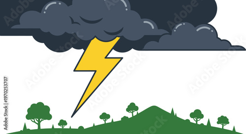 A cartoon illustration of a lightning bolt striking a green hill with trees under a dark stormy sky
