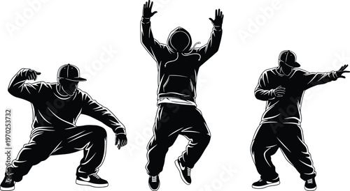 Set of professional hip hop dancer silhouettes performing urban street dance moves with energy for youth culture athletic performance entertainment and artistic breakdance competition