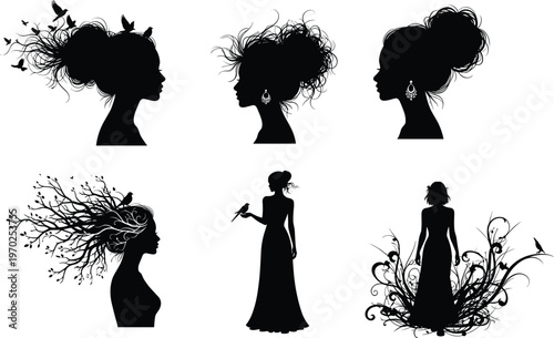 Vector set of elegant woman profile silhouettes with messy buns birds and floral tree branches hair for beauty salon fashion and natural wellness designs