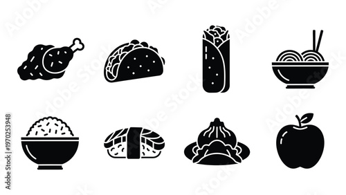 A collection of various food items including fried chicken tacos sushi and fruit shown as a silhouette high quality professional detailed