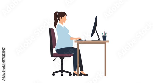 An illustrated pregnant woman with a ponytail works on a computer at a wooden desk in profile.