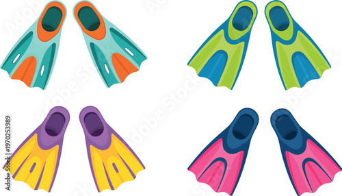 Colorful swimming flippers, fun cartoon vector illustrations displayed on white background, ideal for beach, swimming, and aquatic activity designs