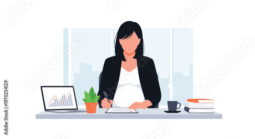 An illustrated pregnant woman in a blazer writes at a desk with a laptop and books in a bright office setting.