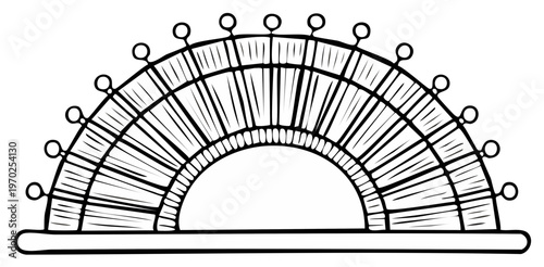 Black and white illustration of bobbin lace maker's tool with pins and threads