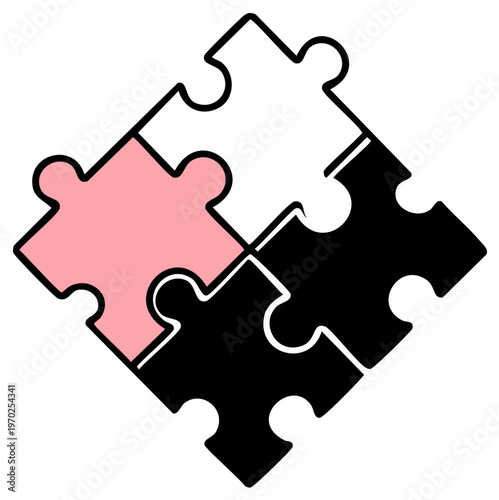 Four puzzle pieces interlocking to form a square with one pink piece standing out