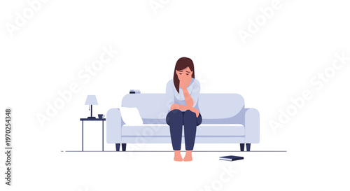An illustrated sad woman sits alone on a grey sofa, looking down with her hand on her chin.