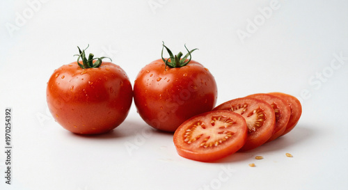 Whole and sliced red tomatoes on a clean white background