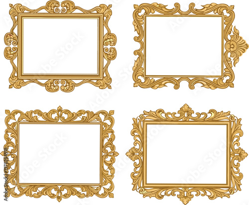 Vintage golden ornate picture frames collection with decorative baroque style borders elegant vector illustration set