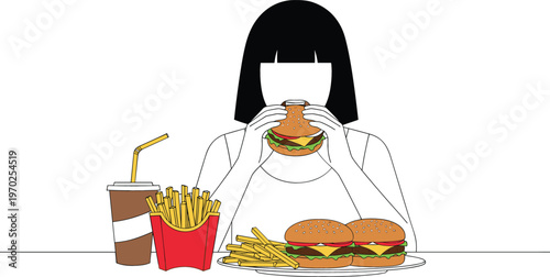 Woman eating burger with fries and soft drink fast food meal unhealthy diet lifestyle vector illustration