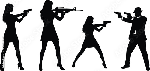 Armed agent silhouettes with men and women holding guns in action poses, tactical stance collection isolated on white, security, crime, and law enforcement concept