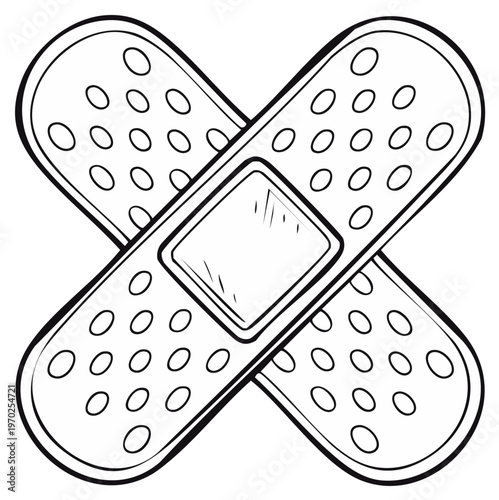 Crossed adhesive bandages hand drawn cartoon style for medical needs or injury illustration in black and white