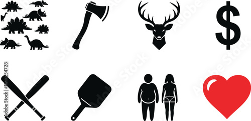 Black silhouette icons set with dinosaurs axe deer head dollar sign baseball bats pan couple figures and heart symbol