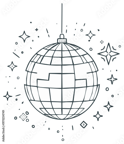 Hand Drawn Disco Ball with Sparkles and Light Effects Outline Illustration