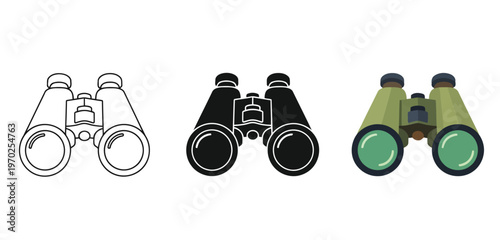 Binoculars icons Vector Set in Three Styles — Line Art, Silhouette and Color Version, linear, silhouette and colored style optical instrument for viewing distant objects, vector illustration