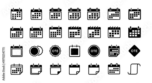 Essential Minimal Calendar Icon Set with Date Badges and Page Flip Variants Black Silhouette Glyph Vector Illustration